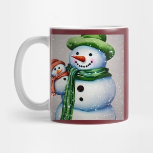 Cute Snowman holding a Baby Snowman under the Snow Mug